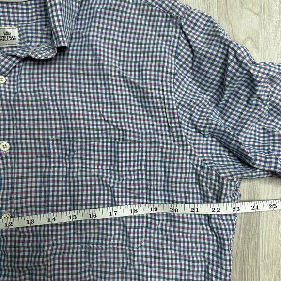 Peter Millar Mens Blue Pink Plaid Silk Linen Short Sleeve Button Up Shirt Sz L - Picture 8 of 10